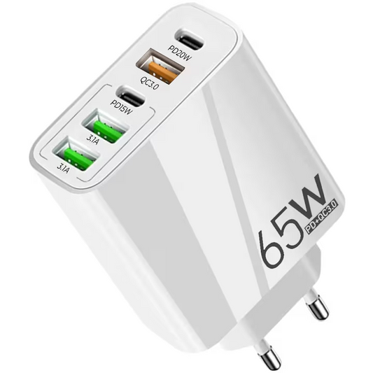 Incarcator Retea, 5 Porturi, 65W Fast Charge, 3 x USB, 2 x Type-C, Universal Multiport, Compatibil telefon, smartwatch, iPhone, Huawei, Samsung, Xiaomi,Alb/ Negru（Promoție stoc – ambalaj imperfect）