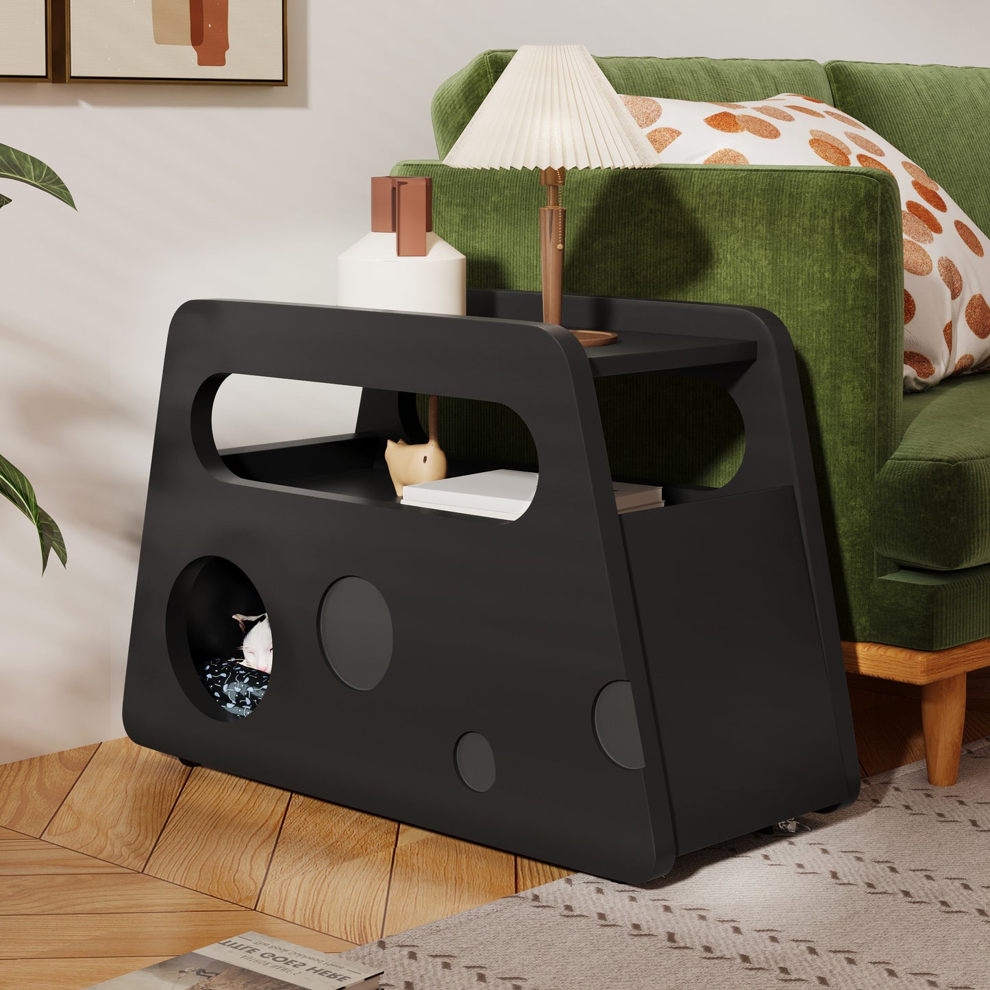 Bufet modern negru, masă laterală cu roți, design sigur și colțuri rotunjite – mobil, economisitor de spațiu, ideal pentru living și dormitor (81x33x51,5 cm)