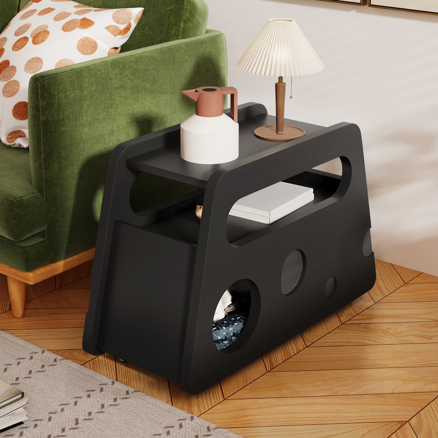 Bufet modern negru, masă laterală cu roți, design sigur și colțuri rotunjite – mobil, economisitor de spațiu, ideal pentru living și dormitor (81x33x51,5 cm)