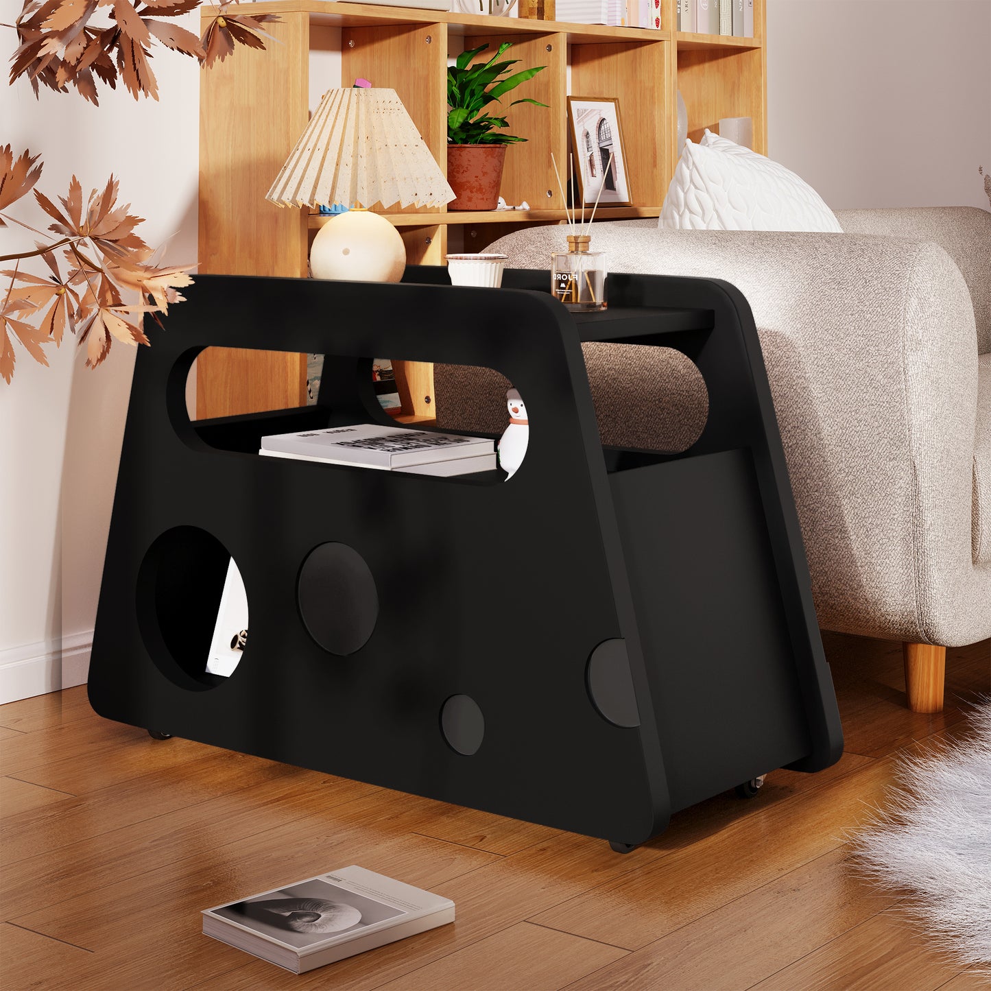 Bufet modern negru, masă laterală cu roți, design sigur și colțuri rotunjite – mobil, economisitor de spațiu, ideal pentru living și dormitor (81x33x51,5 cm)