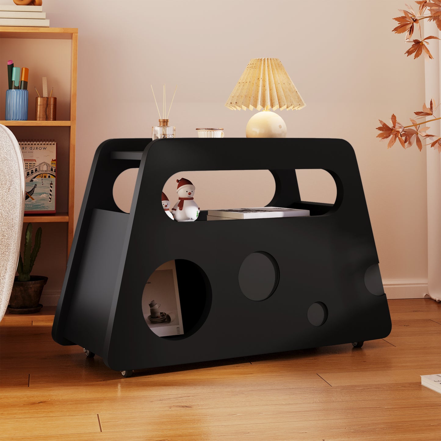 Bufet modern negru, masă laterală cu roți, design sigur și colțuri rotunjite – mobil, economisitor de spațiu, ideal pentru living și dormitor (81x33x51,5 cm)