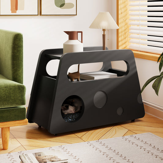 Bufet modern negru, masă laterală cu roți, design sigur și colțuri rotunjite – mobil, economisitor de spațiu, ideal pentru living și dormitor (81x33x51,5 cm)