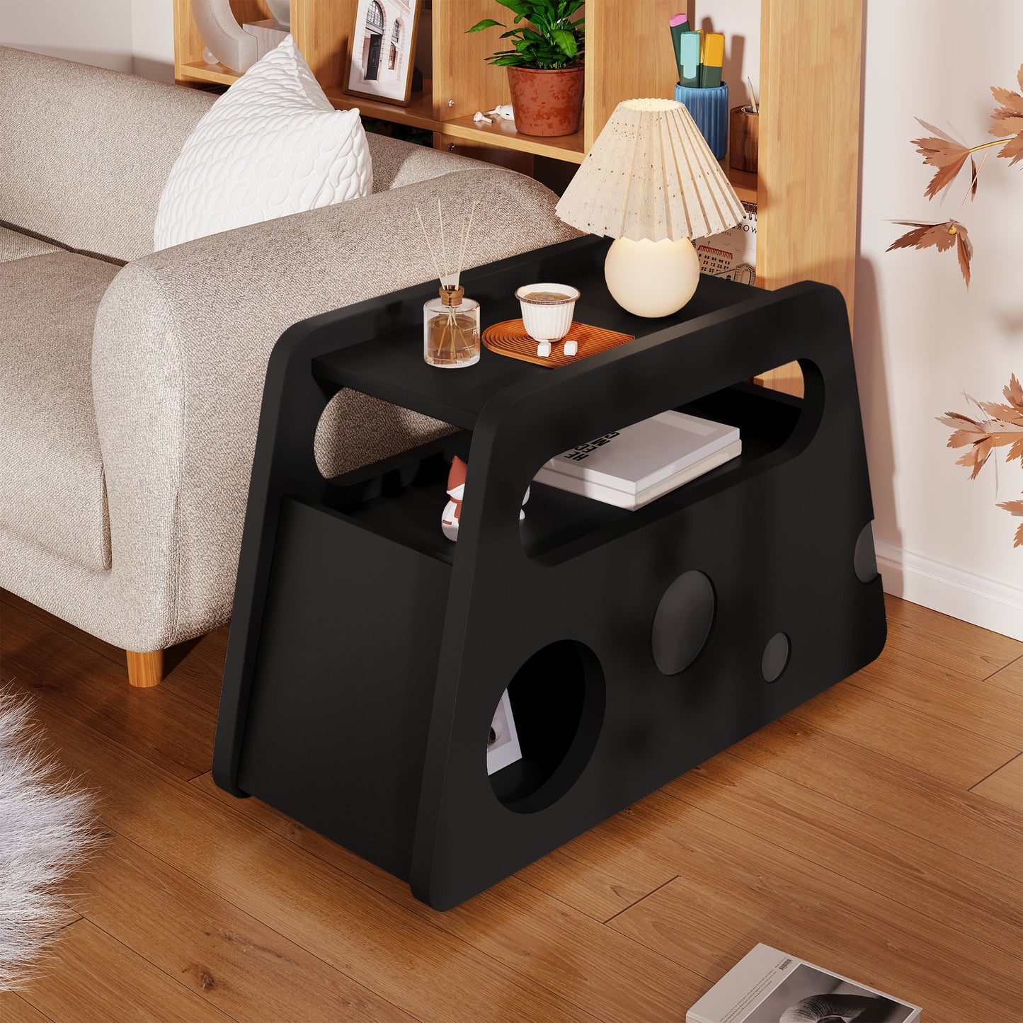 Bufet modern negru, masă laterală cu roți, design sigur și colțuri rotunjite – mobil, economisitor de spațiu, ideal pentru living și dormitor (81x33x51,5 cm)
