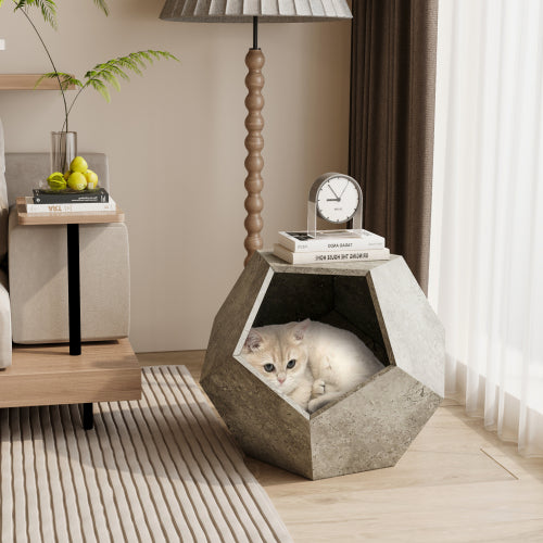 Masă laterală multifuncțională pentru pisici, 66 cm – mobilier modern pentru animale de companie, cu rol de cușcă, măsuță de canapea sau suport pentru plante, MDF gri ciment